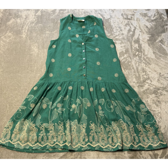 Maeve Dress XS P Green Sleeveless Embroidered Tunic Linen Floral Boho Summer - Picture 3 of 9